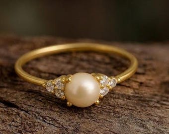 Anillo de compromiso de oro macizo de 14 quilates con perla y diamante, delicado anillo de perla de agua dulce, anillo de perla natural con circonita cúbica, joyería Art Déco, regalo de promesa para ella.
