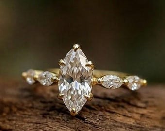 Anillo de compromiso de moissanita de talla marquesa de 1 quilates, oro macizo de 14 quilates, 6 puntas con halo oculto, marquesa alargada, anillo de promesa, regalo de boda
