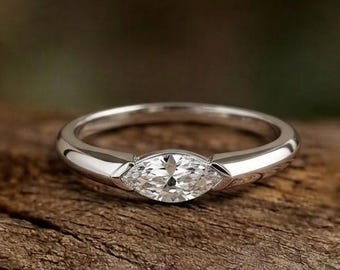 Anillo solitario de 0,5 quilates con talla marquesa, oro macizo de 18k, anillo de compromiso moderno minimalista de medio bisel con moissanita vintage.