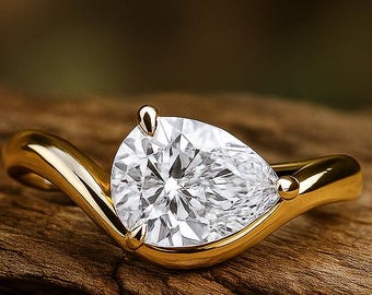 Anillo de bodas delicado de moissanita de corte pera Este-Oeste de 2 quilates, banda curva con engaste bypass, anillo de corte pera, anillo nupcial de oro amarillo macizo de 14 k con forma de lágrima.