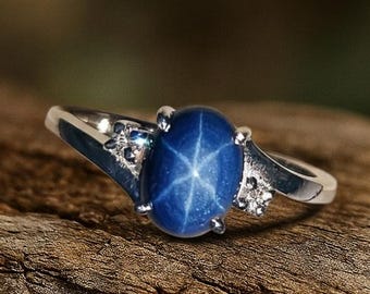 Anillo apilable de zafiro estrella azul, gema estrella de 6 rayos, zafiro estrella Lindy ovalado, plata de ley 925, joyería con gema estrella
