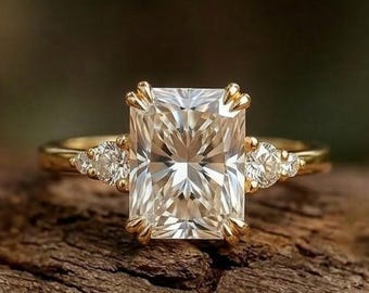 Anillo de compromiso vintage de moissanita de corte radiante, anillo de bodas con doble engarce para mujer, anillo de aniversario de cinco piedras, joyería Art Déco.