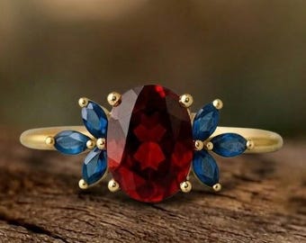 Anillo de compromiso de granate, anillo ovalado vintage de oro macizo de 14k, anillo de boda único con zafiro en racimo, anillo nupcial, regalo de aniversario y anillo de Navidad.