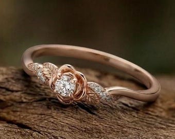 Anillo de compromiso de moissanita con forma de flor, oro rosa de 14 quilates, diseño de hoja inspirado en la naturaleza, anillo de compromiso con diamantes de talla redonda torcida, regalo de aniversario para ella.