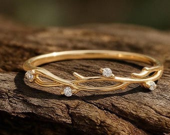 Alianza de boda de diamantes vintage con diseño de hoja art déco en oro rosa, banda a juego con forma de rama, banda de ramita de media eternidad, moissanita única, regalo de aniversario para mujer