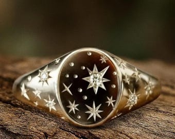 Anillo de sello celestial de diamantes vintage, anillo de oro macizo de 14 k con cúpula de estrella y luna, anillo con escudo familiar, joyería personalizada, anillo de sello para ella