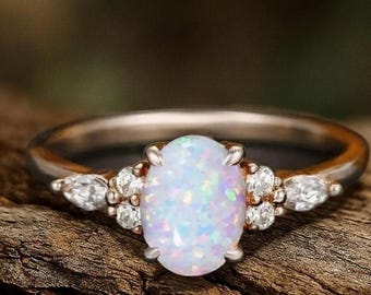 Anillo de ópalo de oro macizo de 14 k, anillo con piedra natal de octubre, anillo de plata esterlina con ópalo natural ovalado, anillo de aniversario, regalo para ella, anillo de cumpleaños, regalo