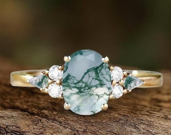 Anillo de compromiso de ágata musgosa, anillo de bodas de diamantes de ágata verde con corte de cometa en racimo único, anillo nupcial ovalado vintage de oro macizo de 14 quilates, regalo de aniversario