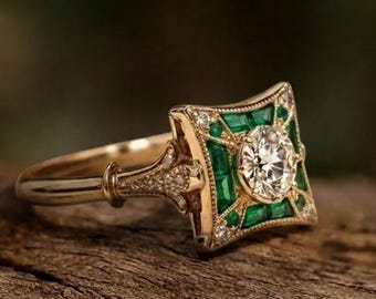 Anillo Art Déco de esmeralda y moissanita, piedra natal de mayo, anillo de compromiso geométrico vintage, halo cuadrado, anillo de piedra verde estilo antiguo.