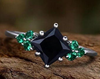 Black Onyx Princess Cut Ring with Emerald Accents, Vintage Minimalist Silver Engagement Ring, Gothic Promise Ring, Bridal Anniversary Gift