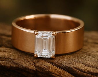 Anillo de compromiso solitario de moissanita de corte esmeralda en oro macizo de 18 quilates, anillo de bodas de banda ancha con diamantes, anillo de una sola piedra, regalo de aniversario para ella.