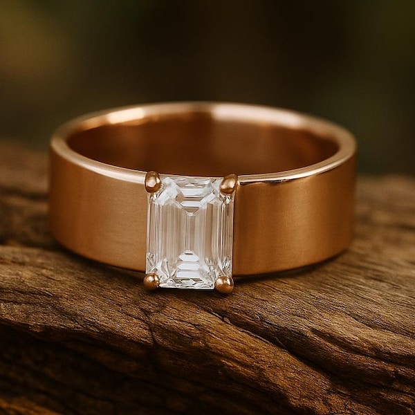 18K Solid Gold Solitaire Emerald Cut Moissanite Engagement Ring, Diamond Wide band Wedding Ring, Single Stone Ring, Anniversary Gift for Her