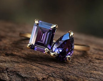 Anillo doble de amatista, anillo de dos piedras de amatista, anillo de dos piedras Toi Et Moi, anillo doble de amatista único, piedra de nacimiento de febrero