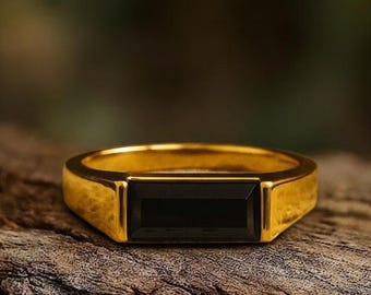 Anillo vintage de ónix negro, solitario de corte baguette con bisel medio en oro de 14 k, anillo de barra rectangular de ónix negro, regalo de aniversario perfecto.