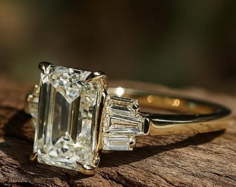 Anillo de moissanita alargada de talla esmeralda de 2,72 quilates, anillo de oro amarillo macizo de 14 k, anillo de diamantes de talla baguette, anillo de aniversario de 4 garras