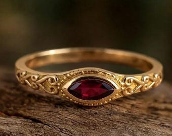 Anillo de rubí de talla marquesa, anillo con engaste de bisel este-oeste, anillo solitario de plata de ley, anillo de promesa con piedra preciosa roja, regalo de cumpleaños para ella