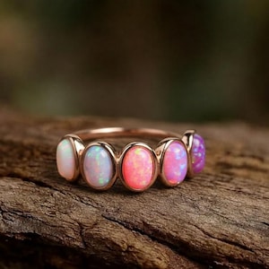 Fire Opal Wedding Band, 14K Gold Multicolour Pink Opal Band, Handmade Dainty Promise, Stacking, Statement Ring, Anniversary Jewelry Gift
