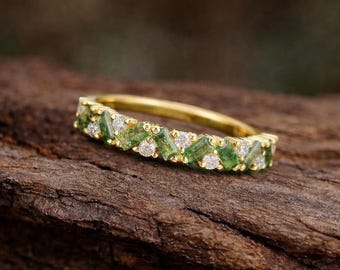Alianza de boda con racimo de ágata musgosa, alianza a juego única de media eternidad con corte baguette, regalo de aniversario para ella, anillo de novia de oro de 14 quilates con moissanita.