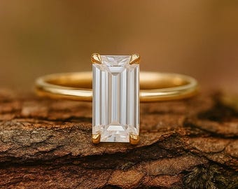 Anillo de compromiso de moissanita con corte baguette, anillo de aniversario de oro de 14 quilates para mujer, anillo de boda con corte baguette largo de 1,50 quilates, anillo minimalista.