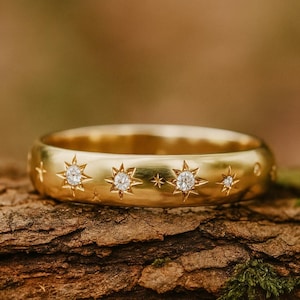 moissanite Starburst Wedding Band Ring, 14k Solid Gold Dainty Star Setting Anniversary Band, Pave Celestial Ring Women,Matching Band Gift