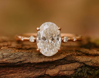 Anillo de compromiso ovalado de oro macizo de 14 k con solitario de moissanita para mujer. Anillo sencillo de moissanita con diamante de corte ovalado. Anillo de propuesta para ella.