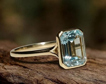 Anillo de boda/compromiso de oro macizo de 14 quilates con aguamarina natural para mujer/Anillo de aguamarina talla esmeralda/Anillo de piedra natal de marzo/Regalo para ella/Mamá
