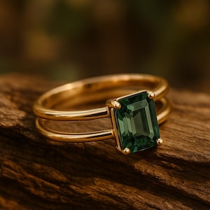 Anello di fidanzamento con zaffiro verde acqua taglio smeraldo: argento sterling Art Déco