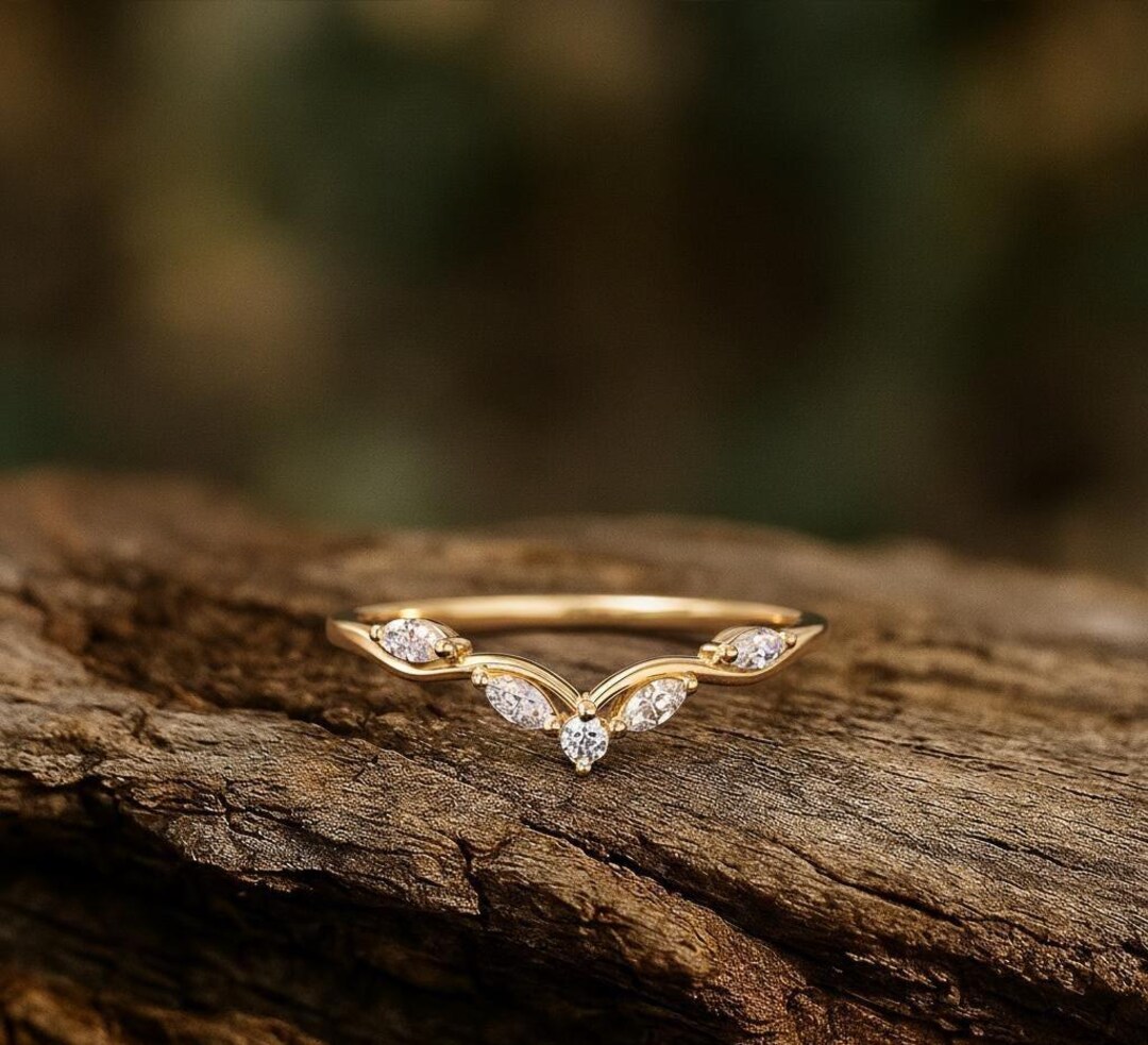 Marquise Cut Moissanite Curved Wedding Band Unique Yellow Gold Diamond ...