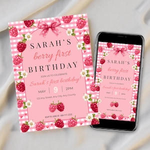 Invitación de primer cumpleaños con temática de frambuesas, primer cumpleaños de niña, invitación de cumpleaños para móvil, fiesta de frambuesas, estampado a cuadros, plantilla editable de Canva (descarga digital).