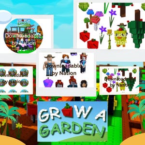 以下が含まれることがあります： 「GROW A GARDEN」と「Downloadable by Nation」のテキストが入ったデジタルアート作品。植物、キャラクター、庭をテーマにしたオブジェクトの漫画風イラストが描かれています。