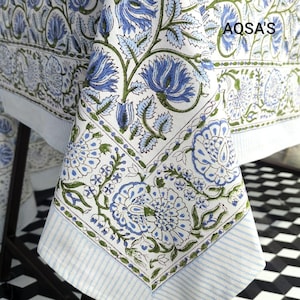 Block Print tablecloth, Indian Floral cotton Table Cover for Dining Table, Gift For New Home Farmhouse Table Linen custom table cloth