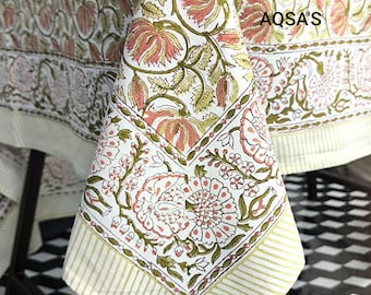 Mantel estampado a mano, funda de mesa de comedor de algodón floral hecha a mano en la India, mantelería rústica y bohemia, mantel rectangular
