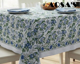 Tischdecke mit Blockdruck, handbedruckte Baumwolltischdecke, florales Tischtuch, Landhaustischdecke, indische Tischdecke