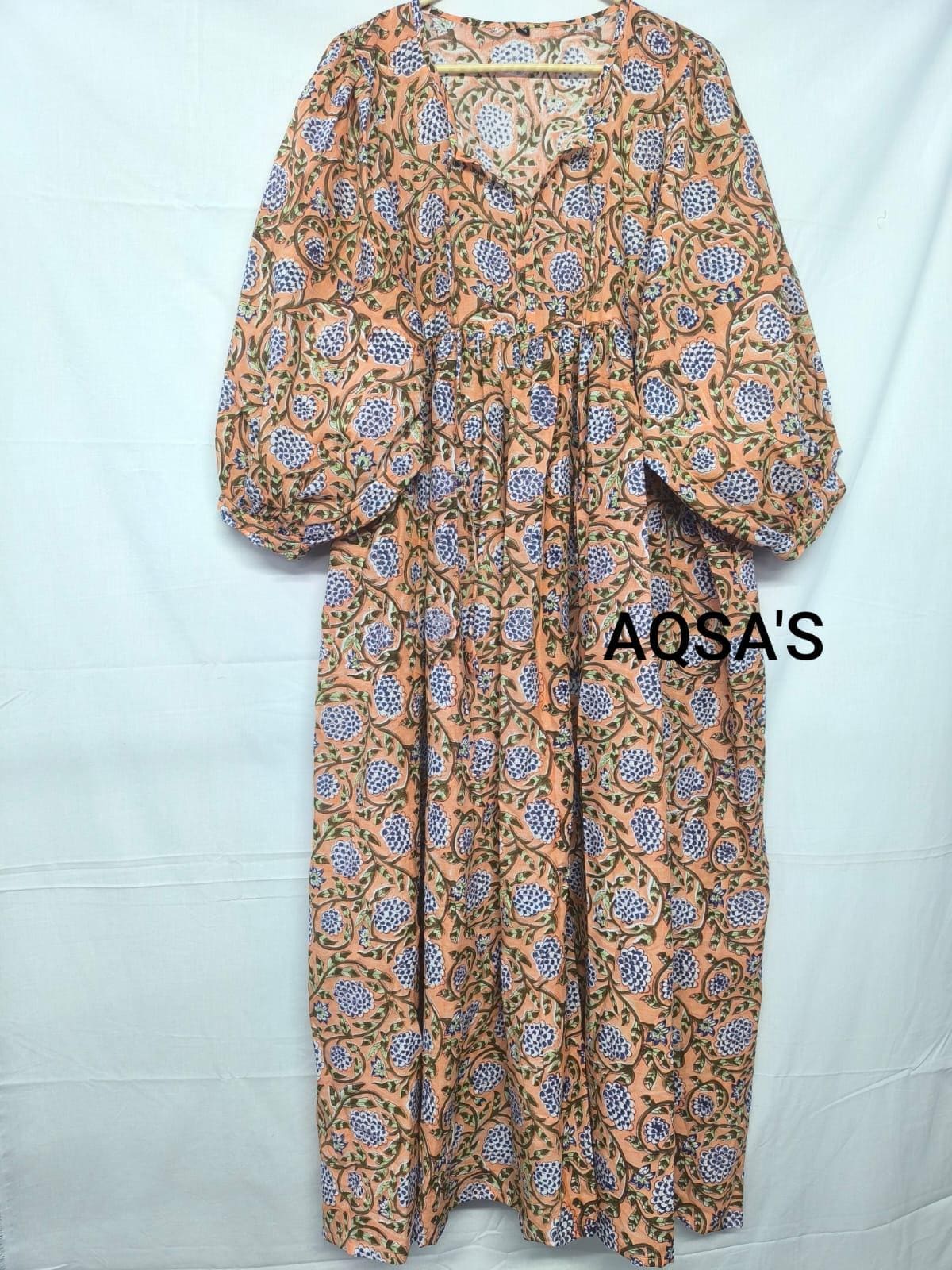 ハンドブロックプリントのポケット付きコットンミディドレス、彼女への