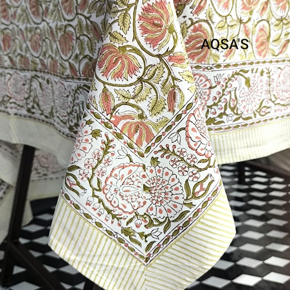 Block Print table cloth, Indian Floral cotton Table Cover for Dining Table, Gift For New Home Farmhouse Table Linen custom table cloth