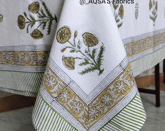 Indian Floral Block Print Cotton Table Cover, Dining Table Linen