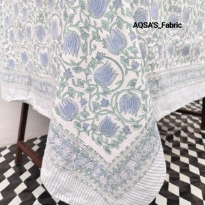 Block print tablecloth Blue floral cotton table cover indian dining table linen boho home decor