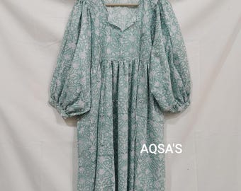 Hand block printed midi dress, cotton boho dress, floral summer dress, puff sleeve cottagecore dress, women's Resort wear, gift for her