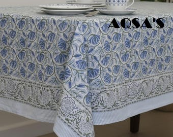 Handbedruckte Tischdecke, blaue Baumwolltischdecke mit Blumenmuster, handgefertigte indische Tischdecke, Landhausstil-Dekor