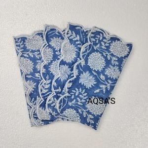 Hand Block print cloth napkin, cotton floral dinner napkin, scalloped napkin embroidered square table decor napkin gift for her 20 x 20 inch