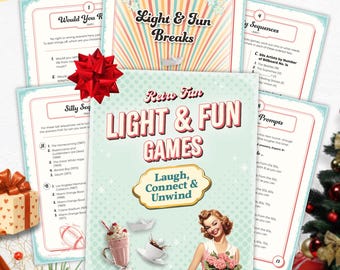 May include: A retro-themed gift set for seniors and adults, featuring a game titled "Light & Fun Games." The image includes a vintage illustration of a woman, game cards, and a decorated Christmas tree, with the text "Unique Gift."