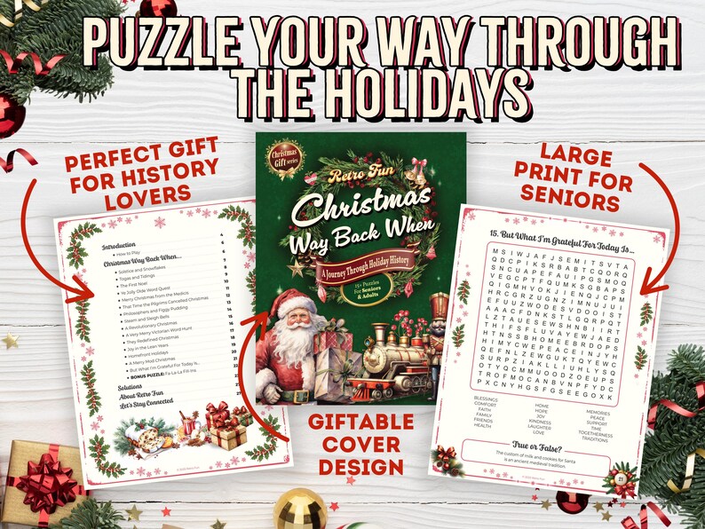 Peut inclure: Un livre de puzzles sur le th&egrave;me de No&euml;l intitul&eacute; "Retro Fun Christmas Way Back When". La couverture pr&eacute;sente le P&egrave;re No&euml;l et un train. Le livre comprend des &eacute;nigmes et est d&eacute;crit comme un cadeau id&eacute;al pour les amateurs d'histoire.