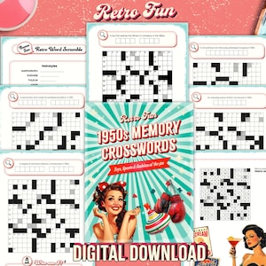 May include: A collection of retro-themed crossword puzzles and word scrambles with a 1950s theme. The image features a central design with a woman, boxing gloves, and a spinning top. The text "Retro Fun" and "Digital Download" are also visible.
