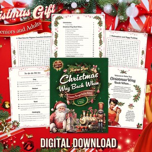 Peut inclure: Un ensemble cadeau num&eacute;rique sur le th&egrave;me de No&euml;l pour les seniors et les adultes. L'image pr&eacute;sente un livre intitul&eacute; "Retro Fun Christmas Way Back When" avec des &eacute;nigmes et l'histoire des f&ecirc;tes. Le fond comprend des d&eacute;corations de No&euml;l et une femme de style vintage.