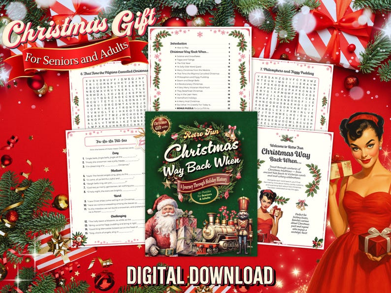Peut inclure: Un ensemble cadeau num&eacute;rique sur le th&egrave;me de No&euml;l pour les seniors et les adultes. L'image pr&eacute;sente un livre intitul&eacute; "Retro Fun Christmas Way Back When" avec des &eacute;nigmes et l'histoire des f&ecirc;tes. Le fond comprend des d&eacute;corations de No&euml;l et une femme de style vintage.