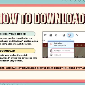 Peut inclure: Graphique de style r&eacute;tro avec le texte &laquo;&nbsp;COMMENT T&Eacute;L&Eacute;CHARGER&nbsp;?&nbsp;&raquo; et des instructions pour t&eacute;l&eacute;charger des fichiers num&eacute;riques sur Etsy. L'image comprend une capture d'&eacute;cran montrant comment trouver &laquo;&nbsp;Achats et avis&nbsp;&raquo;.