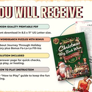 Peut inclure: Une image d'un PDF imprimable avec le texte "YOU WILL RECEIVE". L'image comprend un livre de mots crois&eacute;s sur le th&egrave;me de No&euml;l intitul&eacute; "Christmas Way Back When" et des instructions. Le PDF est de 21,6 x 27,9 cm.