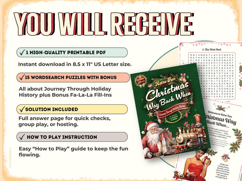 Peut inclure: Une image d'un PDF imprimable avec le texte "YOU WILL RECEIVE". L'image comprend un livre de mots crois&eacute;s sur le th&egrave;me de No&euml;l intitul&eacute; "Christmas Way Back When" et des instructions. Le PDF est de 21,6 x 27,9 cm.