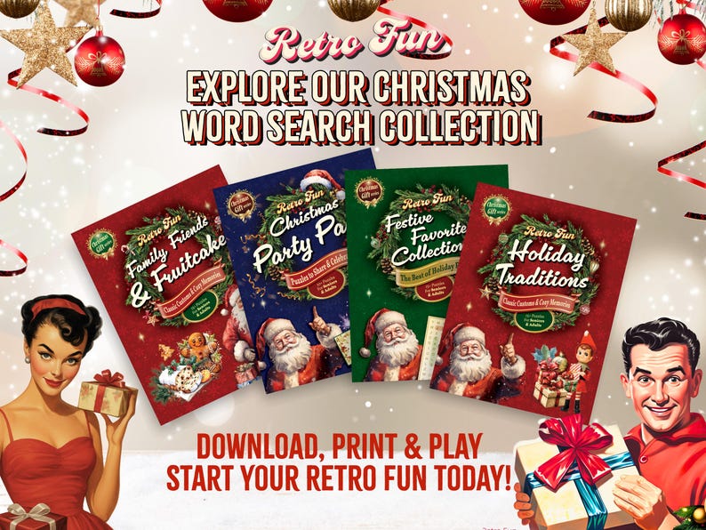 Peut inclure: Publicit&eacute; pour la collection de jeux de recherche de mots de No&euml;l Retro Fun. L'image pr&eacute;sente quatre livres avec des couvertures festives, dont "Family, Friends & Fruitcake" et "Holiday Traditions". Le design est r&eacute;tro, avec des d&eacute;corations de No&euml;l et des personnes tenant des cadeaux.