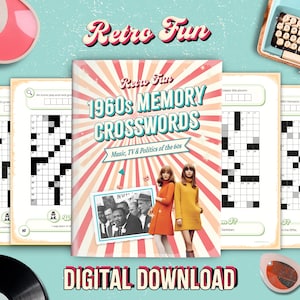 May include: A retro-themed image featuring a 1960s Memory Crosswords book with a vintage design. The cover displays the title and a photo of women in 60s fashion. The words "Retro Fun" and "DIGITAL DOWNLOAD" are also visible.